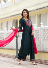 Green Solid Nylon Kurta Pant With Dupatta Set With Thread & Mirror Work-J4722JADEGREEN