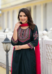 Green Solid Nylon Kurta Pant With Dupatta Set With Thread & Mirror Work-J4722JADEGREEN