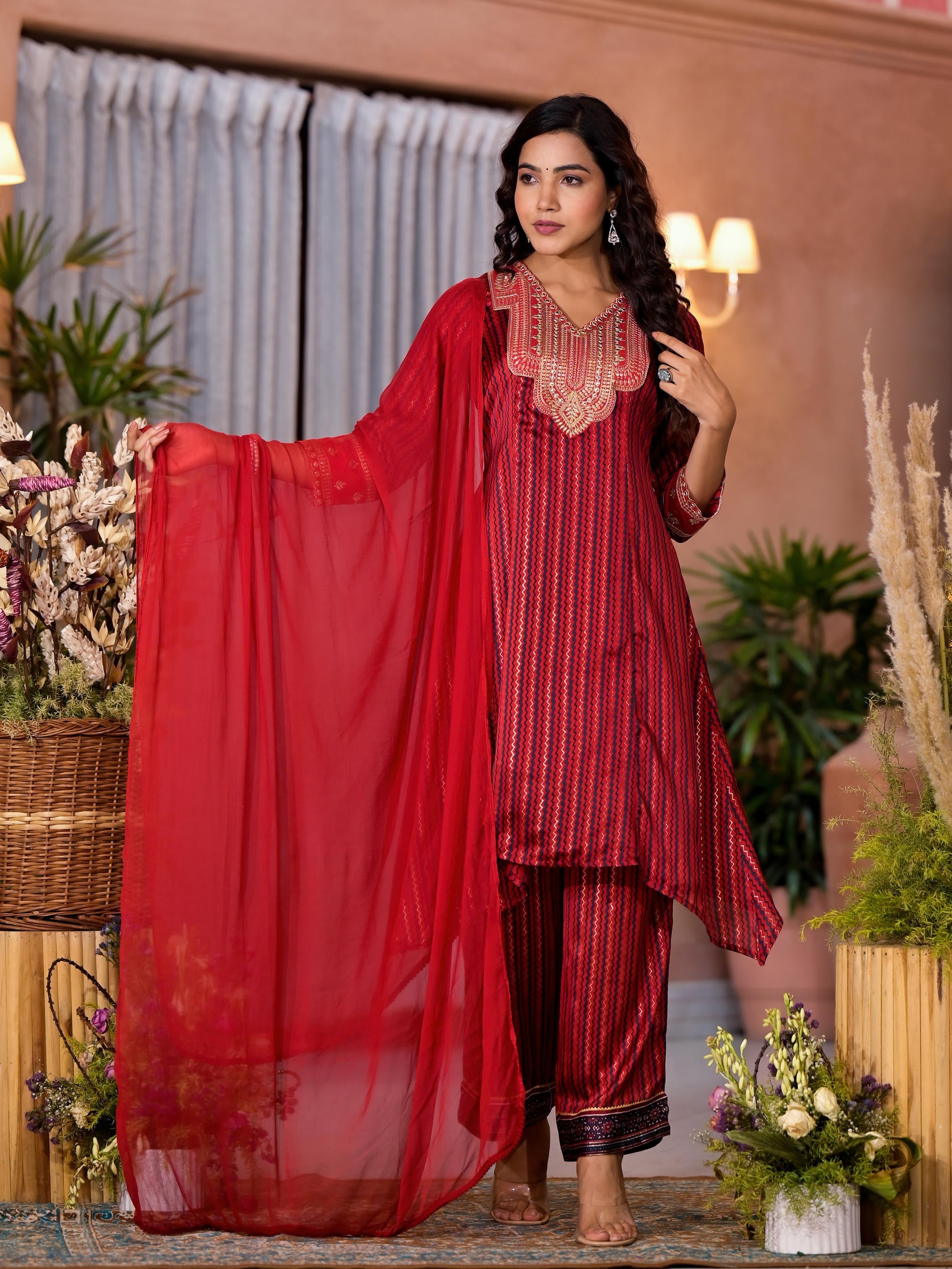 Red Geometric Satin Kurta Set with Dupatta & Zari Work