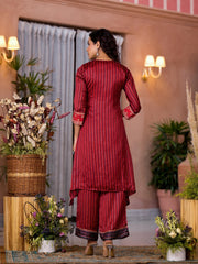 Red Geometric Printed Satin Asymmetrical Kurta Pant And Dupatta Set With Zari & Mirror Work-J4725RED