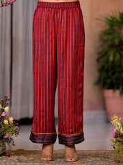 Red Geometric Printed Satin Asymmetrical Kurta Pant And Dupatta Set With Zari & Mirror Work-J4725RED