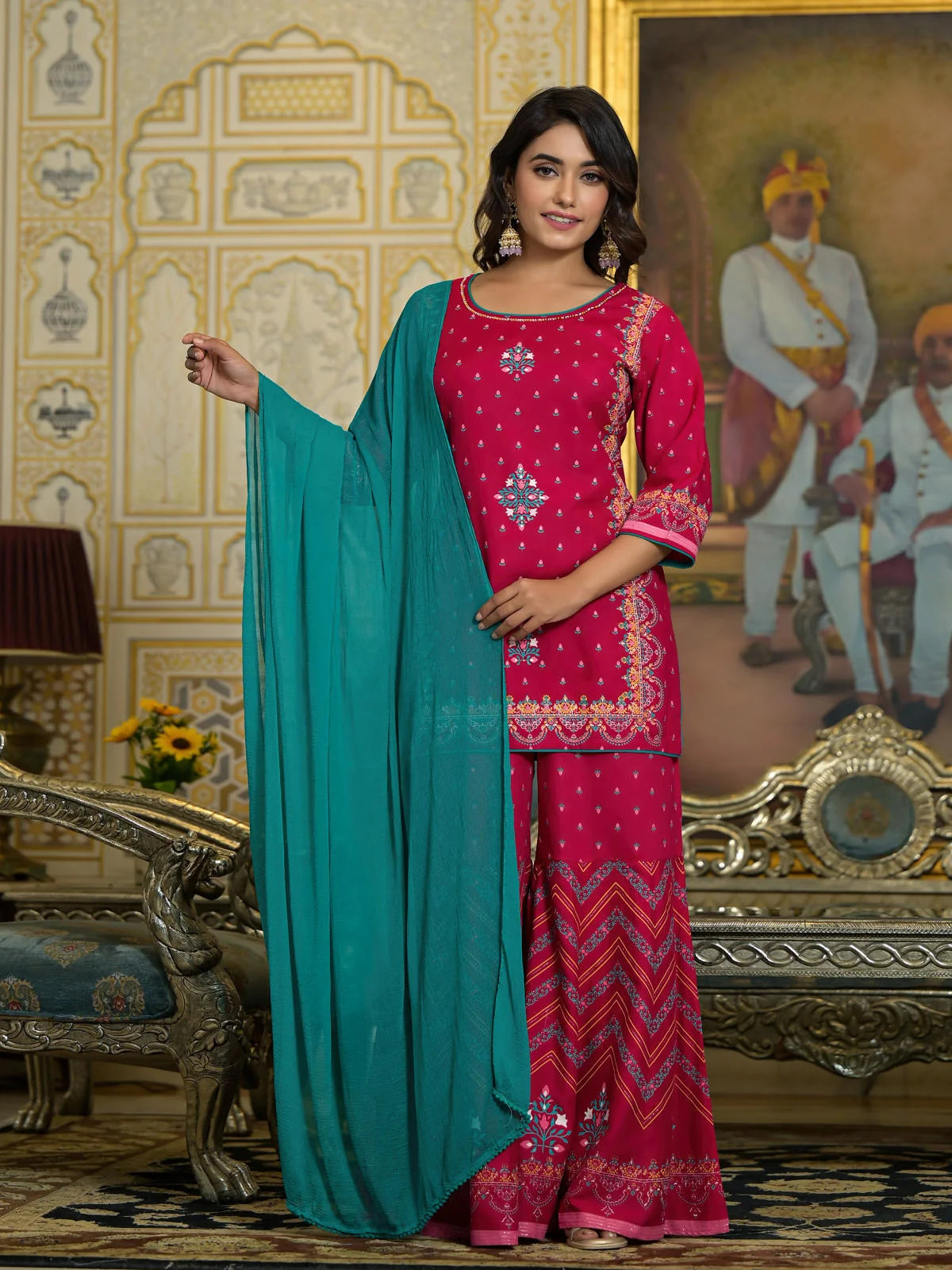 Fuchsia Ethnic Motif Printed Liva Rayon Tunic Sharara and Dupatta Set With Sequins  & Gota Patti Work-J4726FUCHSIA
