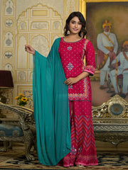 Fuchsia Ethnic Motif Printed Liva Rayon Tunic Sharara and Dupatta Set With Sequins  & Gota Patti Work-J4726FUCHSIA