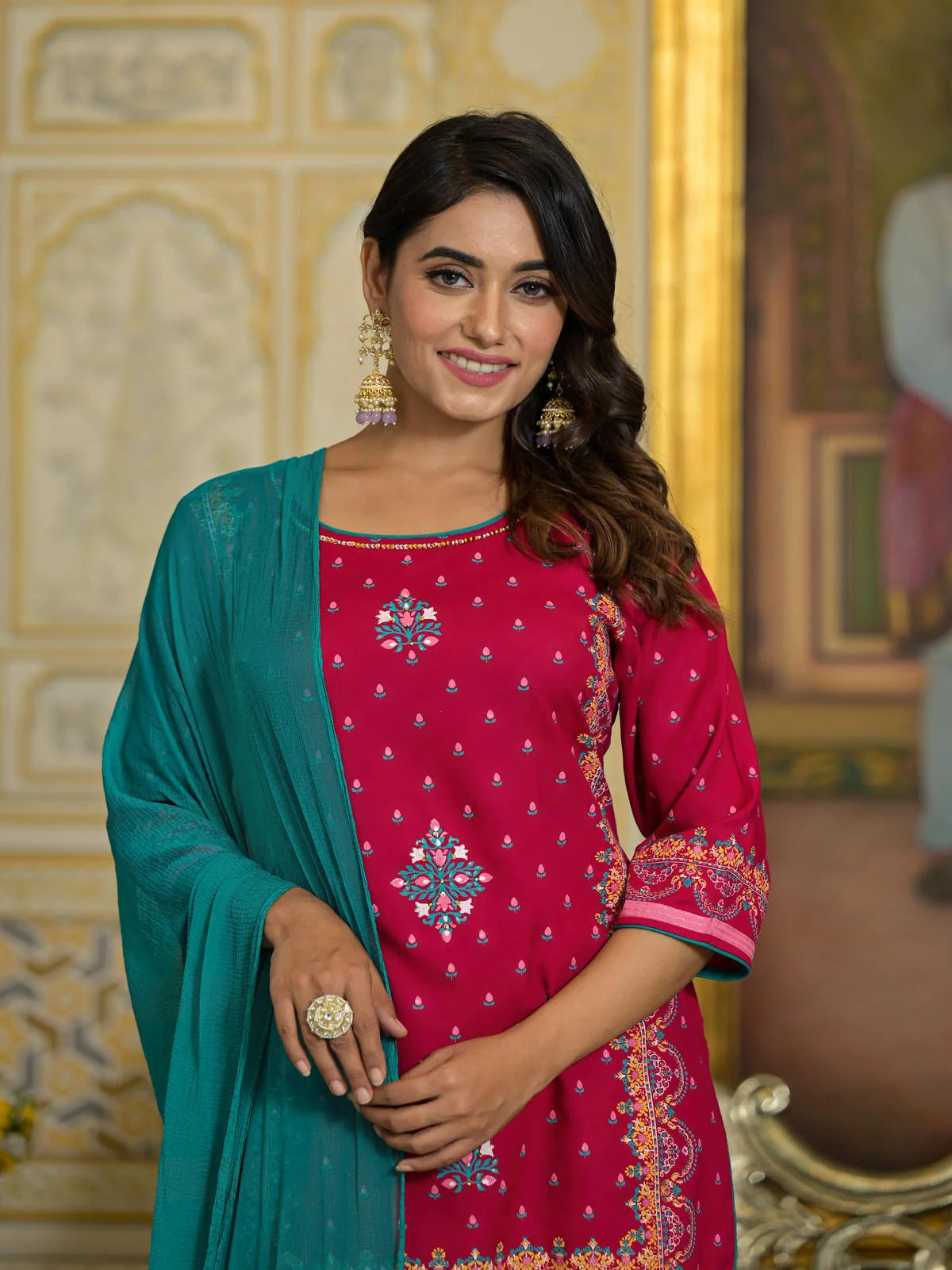 Fuchsia Printed Kurta Set - Indian Kurtis with Dupatta