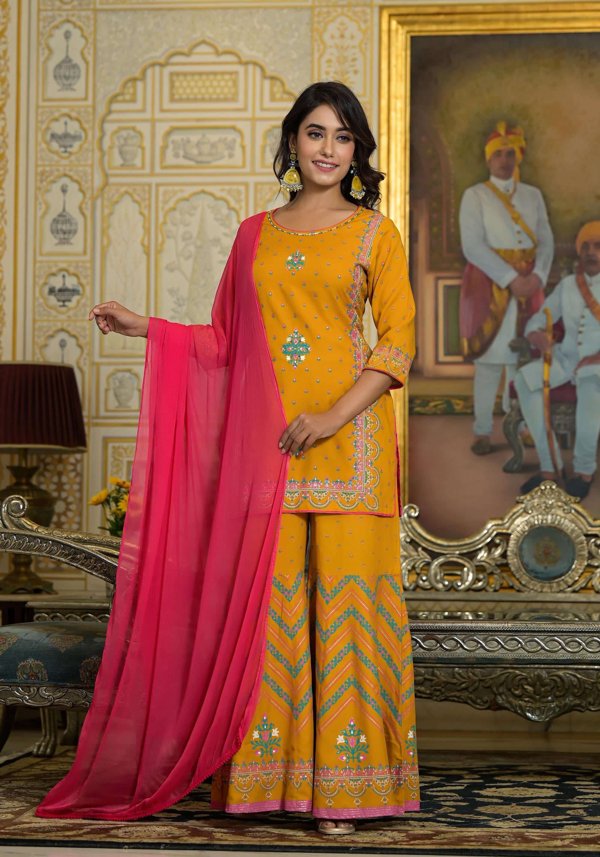 Mustard Ethnic Motif Printed Liva Rayon Tunic Sharara And Dupatta Set 