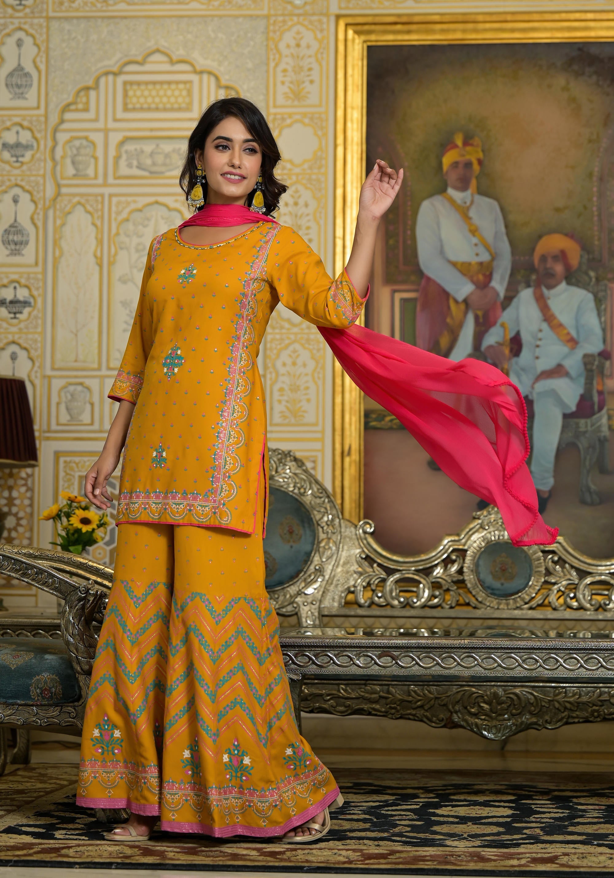 Mustard Ethnic Motif Printed Liva Rayon Tunic Sharara And Dupatta Set 