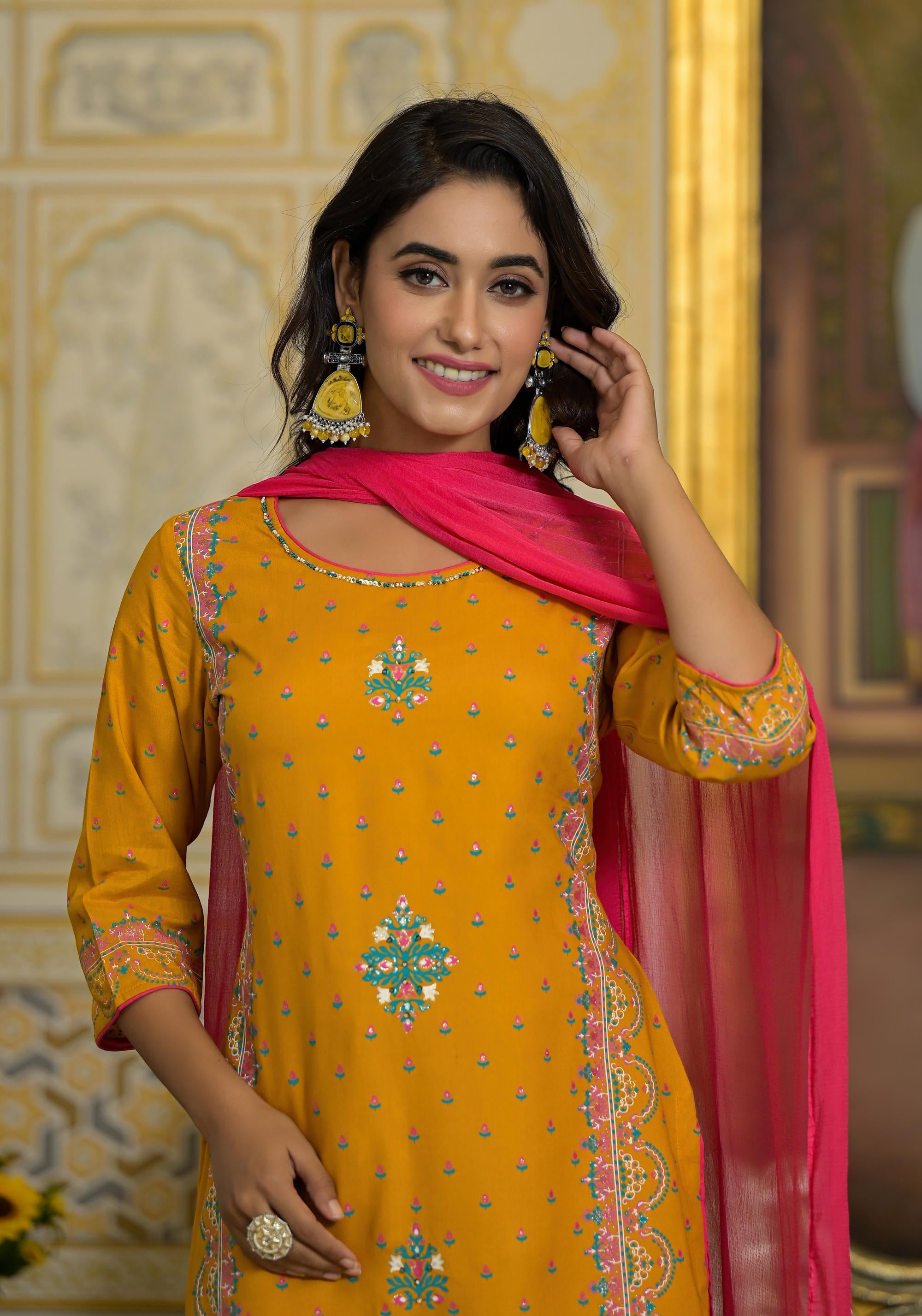 Mustard Ethnic Motif Printed Liva Rayon Tunic Sharara And Dupatta Set 