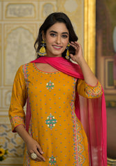 Mustard Ethnic Motif Printed Liva Rayon Tunic Sharara And Dupatta Set With Sequins  & Gota Patti Work