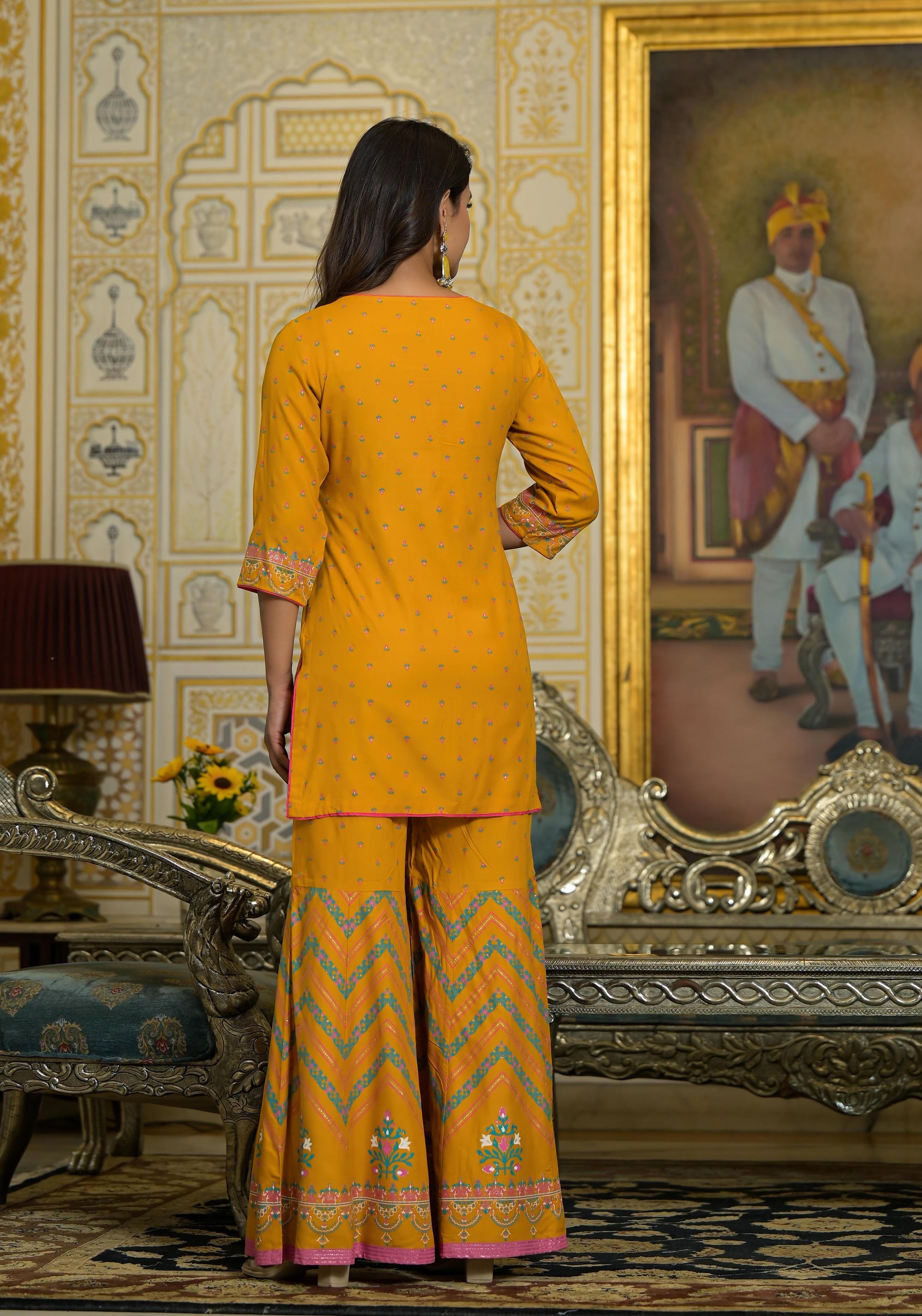 Mustard Ethnic Motif Printed Liva Rayon Tunic Sharara And Dupatta Set 