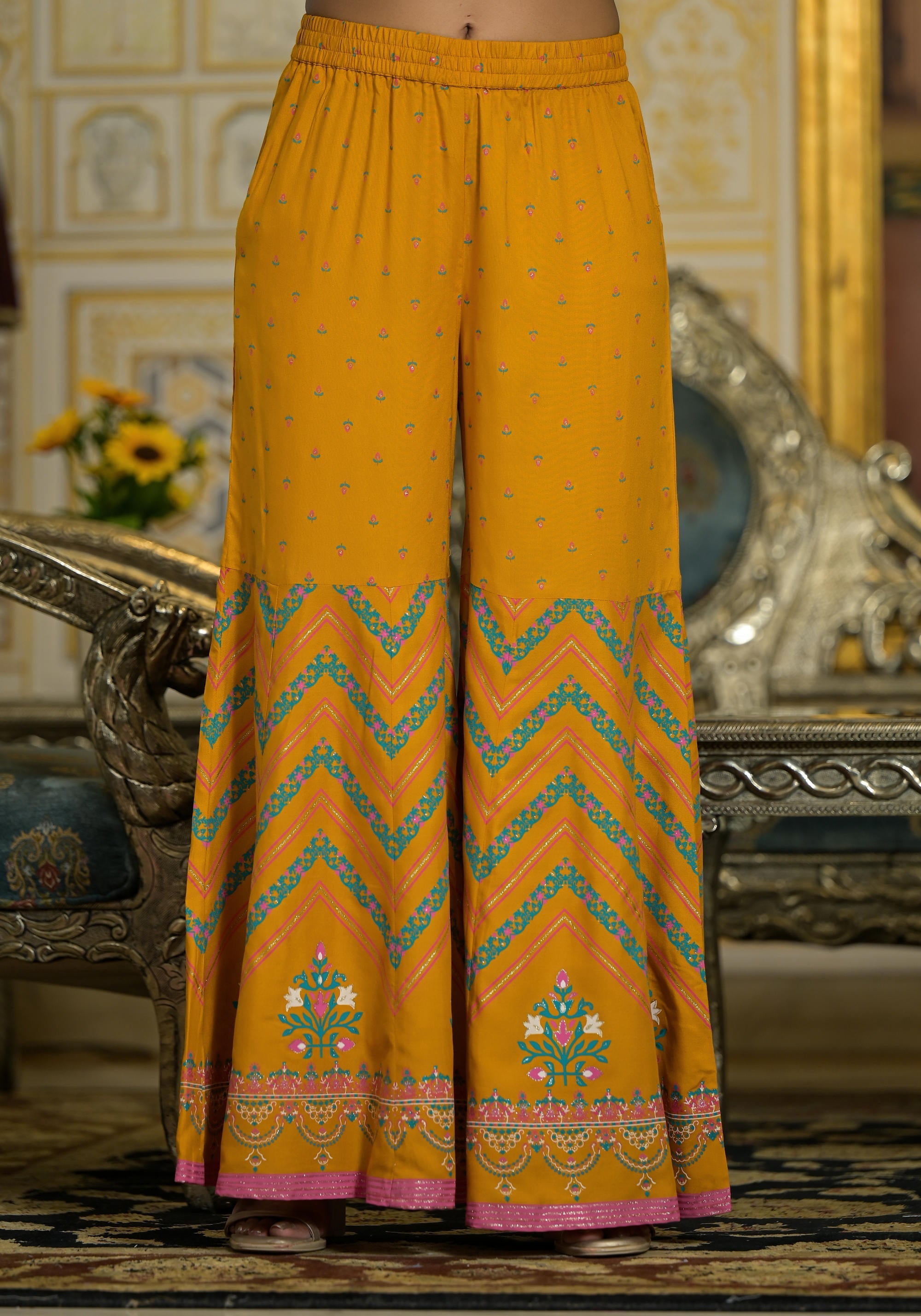 Mustard Ethnic Motif Printed Liva Rayon Tunic Sharara And Dupatta Set 
