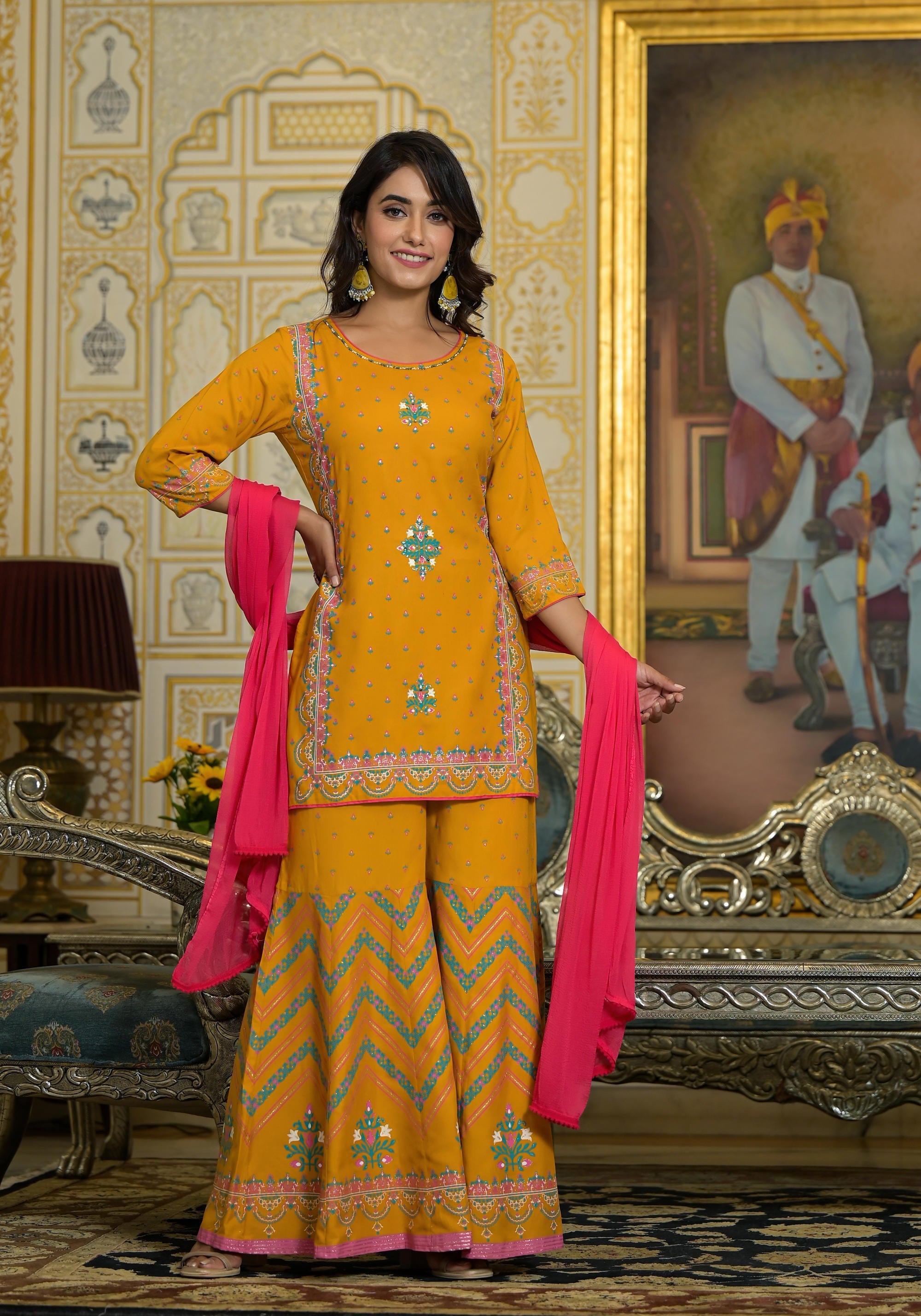 Mustard Ethnic Motif Printed Liva Rayon Tunic Sharara And Dupatta Set 