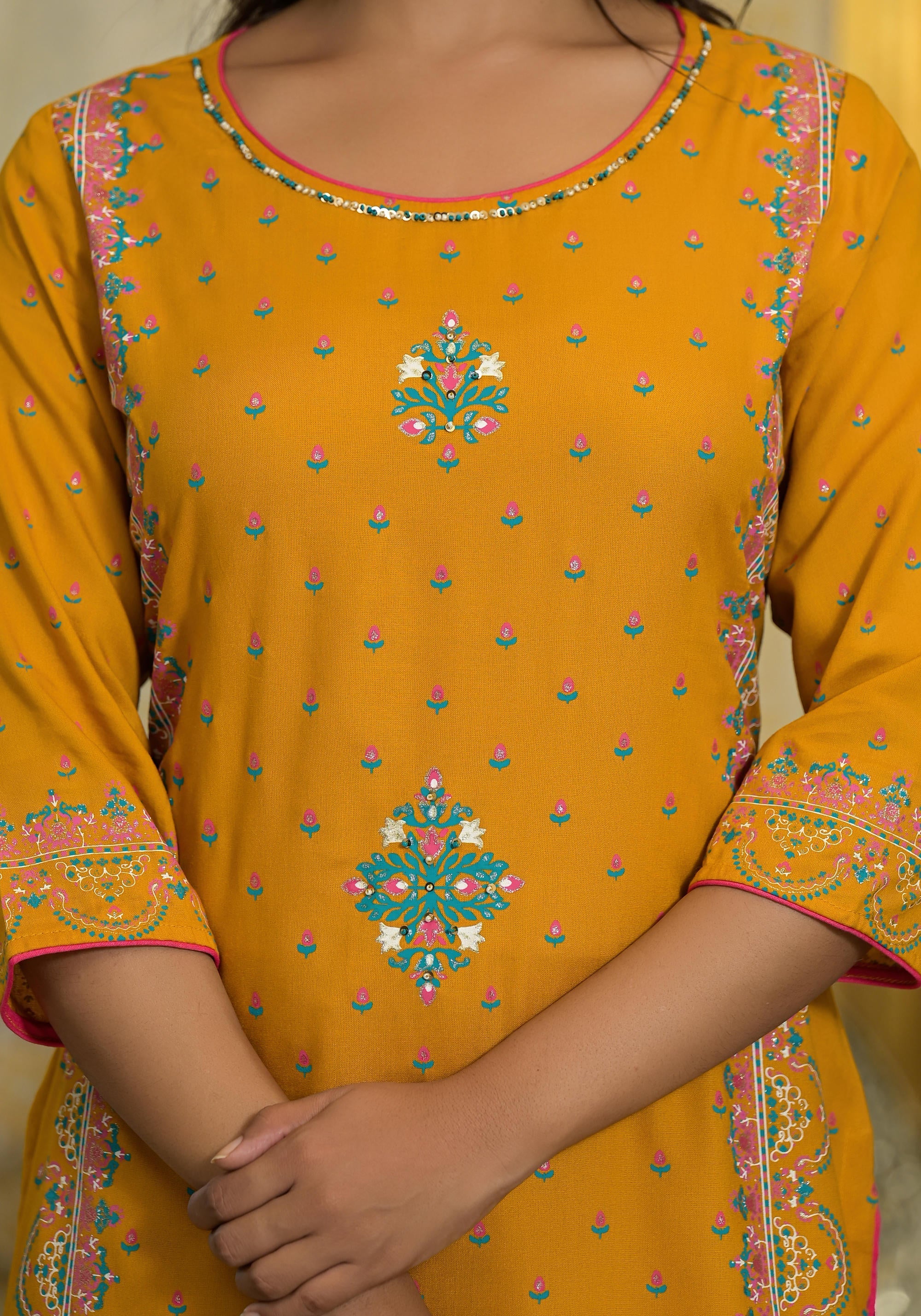Mustard Ethnic Motif Printed Liva Rayon Tunic Sharara And Dupatta Set 