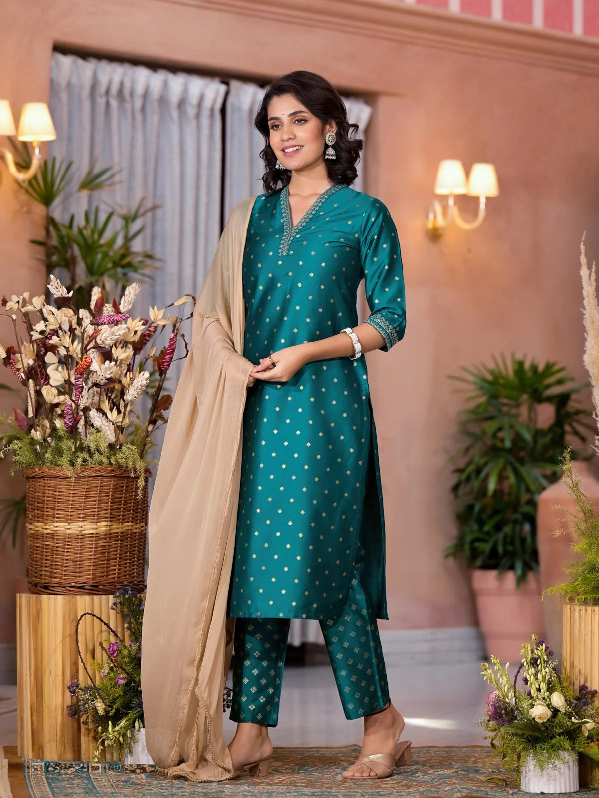 Rama Green Printed Kurta Set With Dupatta | Cotton Kurta Sets