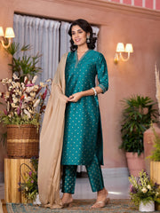 Rama Green Ethnic Motif Printed Cotton Kurta Pant And Dupatta Set With Zari Work-J4730RAMAGREEN