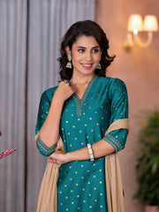 Rama Green Ethnic Motif Printed Cotton Kurta Pant And Dupatta Set With Zari Work-J4730RAMAGREEN