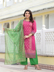 Fuchsia Ethnic Motif Printed Muslin Kurta Pant With Dupatta Set With Beads & Sequins-J4733FUCHSIA