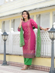 Fuchsia Ethnic Motif Printed Muslin Kurta Pant With Dupatta Set With Beads & Sequins-J4733FUCHSIA