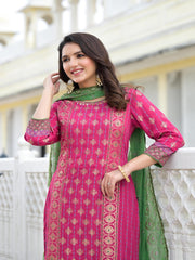 Fuchsia Ethnic Motif Printed Muslin Kurta Pant With Dupatta Set With Beads & Sequins-J4733FUCHSIA