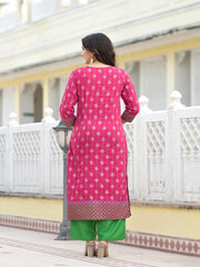 Fuchsia Ethnic Motif Printed Muslin Kurta Pant With Dupatta Set With Beads & Sequins-J4733FUCHSIA