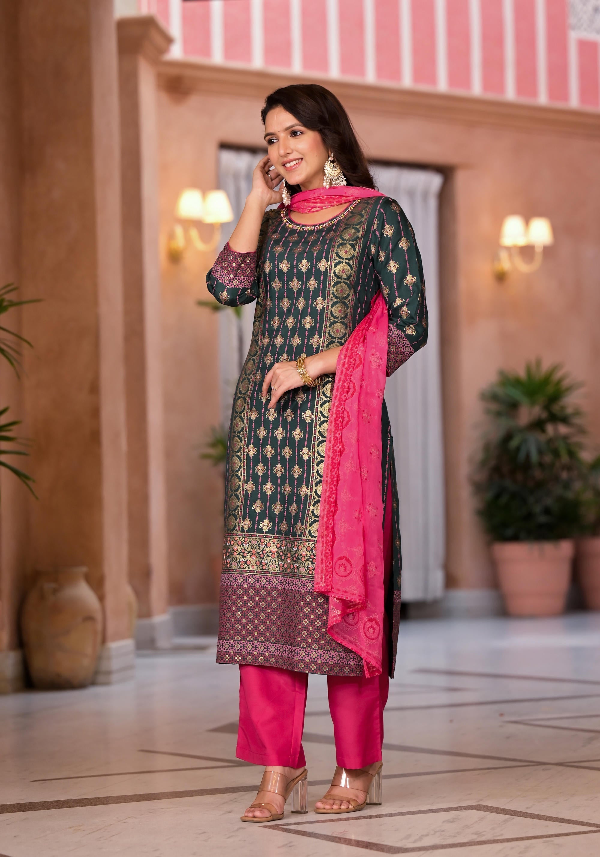 Jade Green Ethnic Motif Printed Muslin Kurta Pant And Dupatta Set With