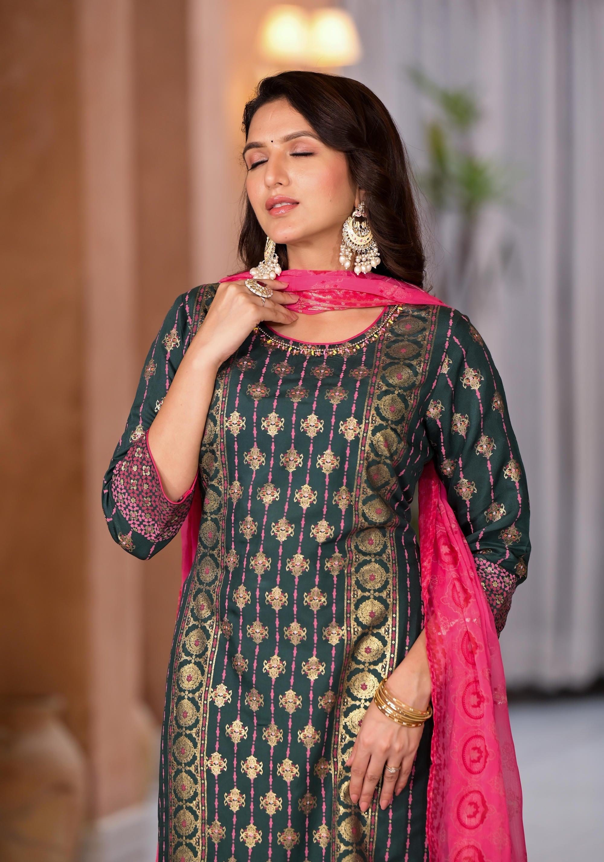 Jade Green Ethnic Motif Printed Muslin Kurta Pant And Dupatta Set With