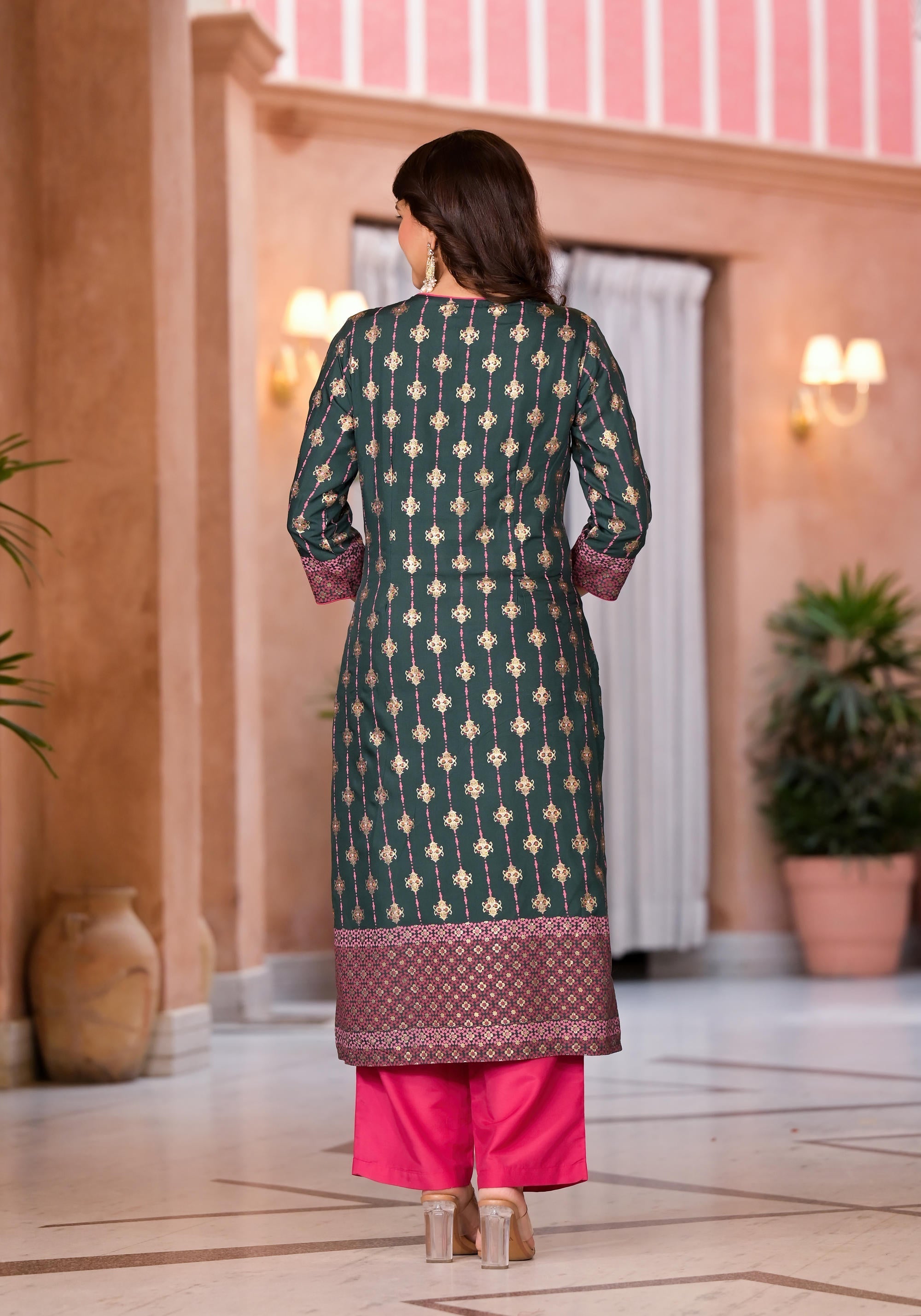 Jade Green Ethnic Motif Printed Muslin Kurta Pant And Dupatta Set With