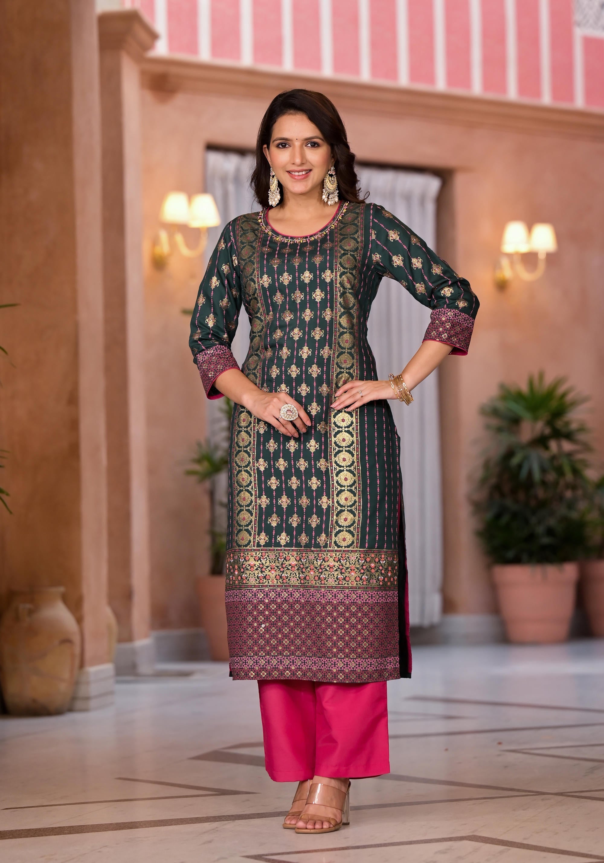 Jade Green Ethnic Motif Printed Muslin Kurta Pant And Dupatta Set With