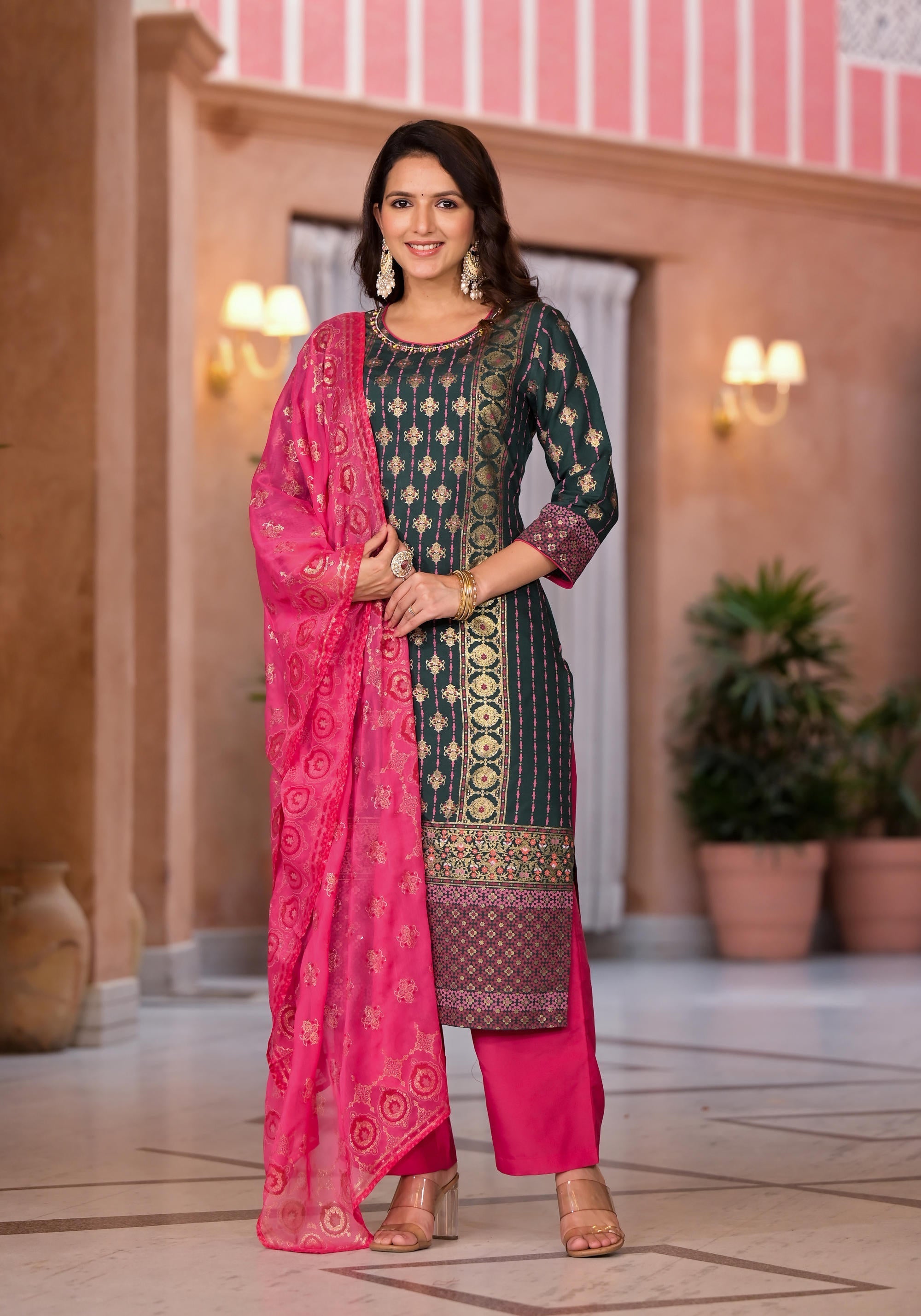 Jade Green Ethnic Motif Printed Muslin Kurta Pant And Dupatta Set With
