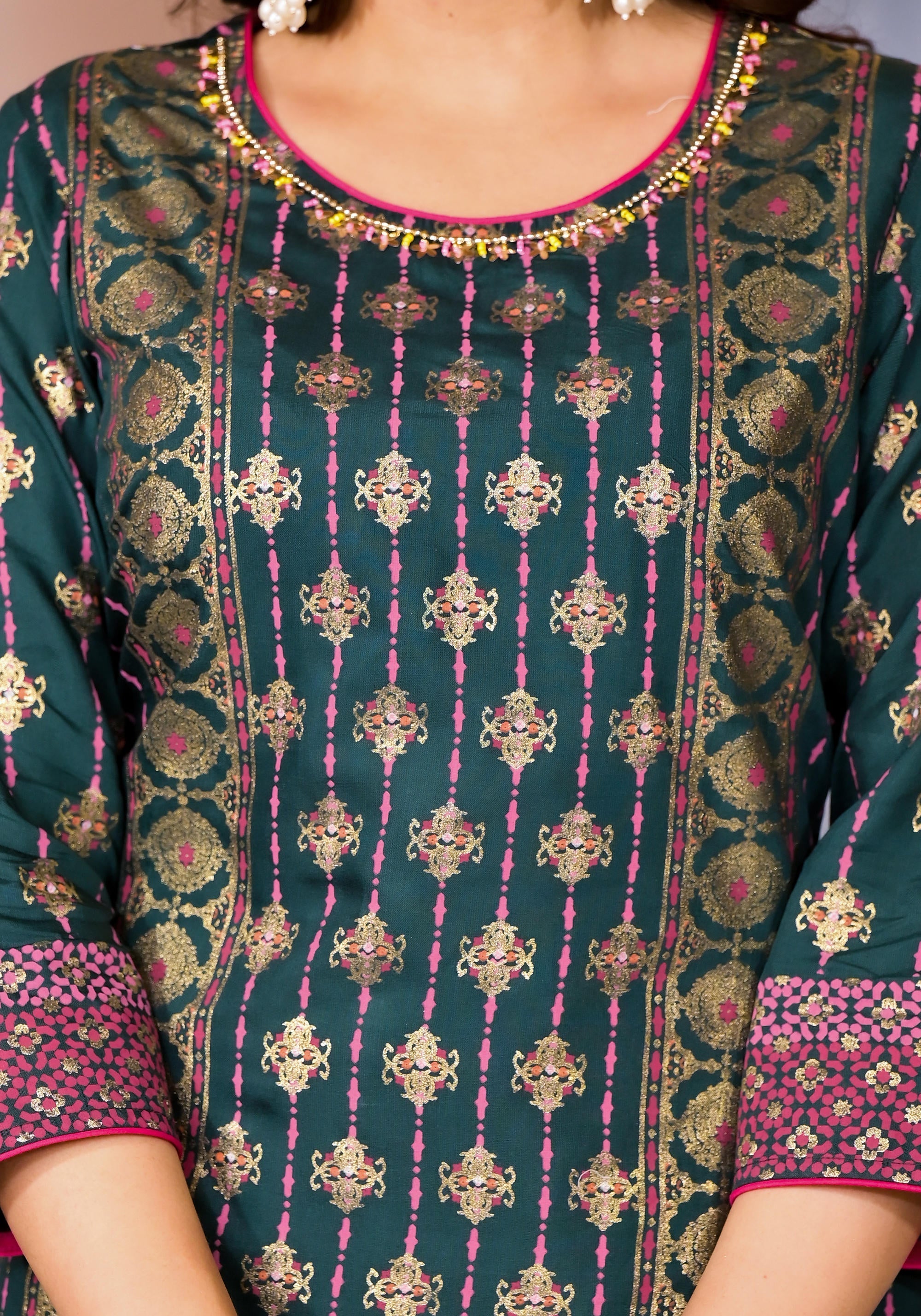 Jade Green Ethnic Motif Printed Muslin Kurta Pant And Dupatta Set With