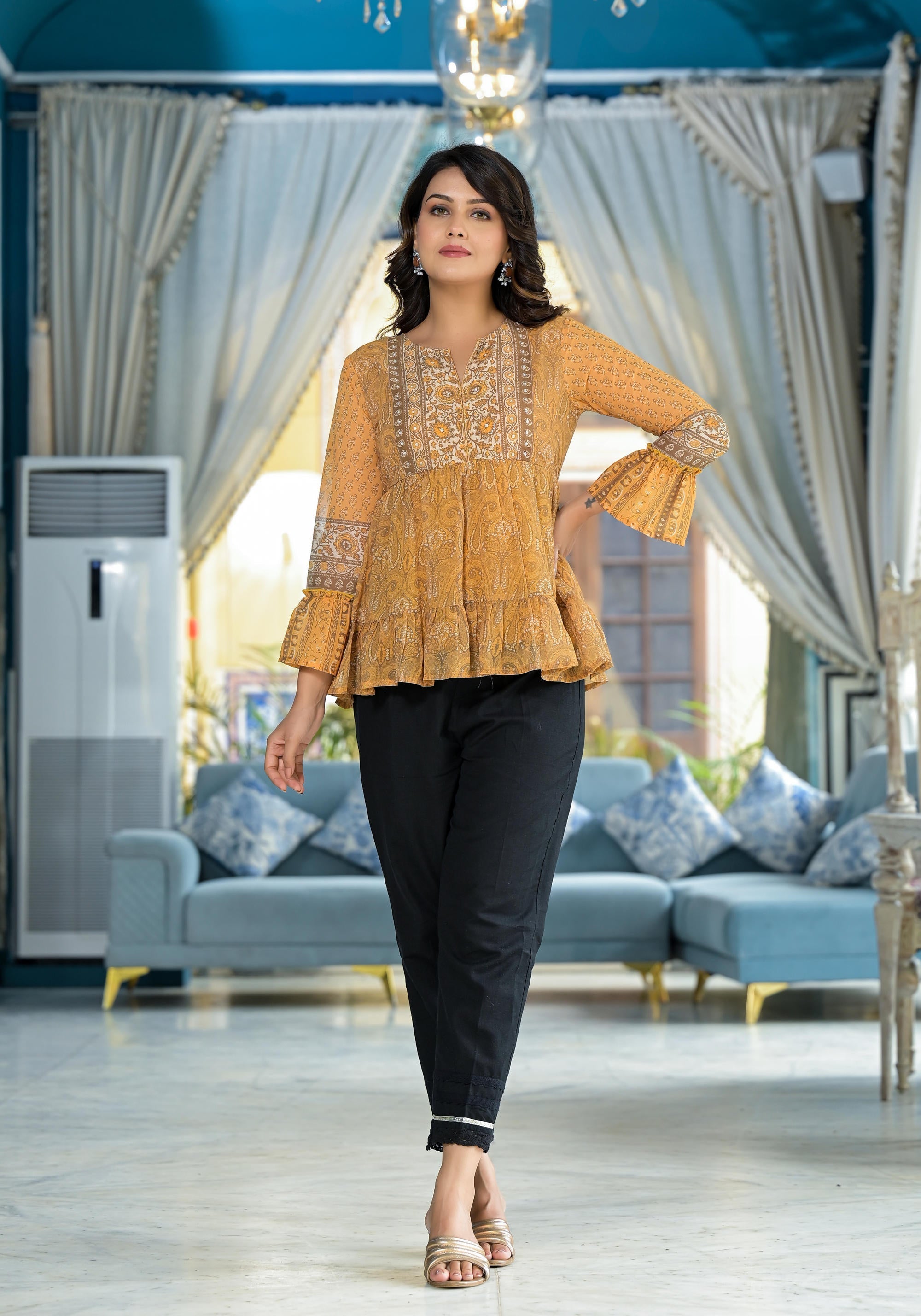 Mustard Ethnic Motif Printed Georgette Tunic With Sequins Detail | Des
