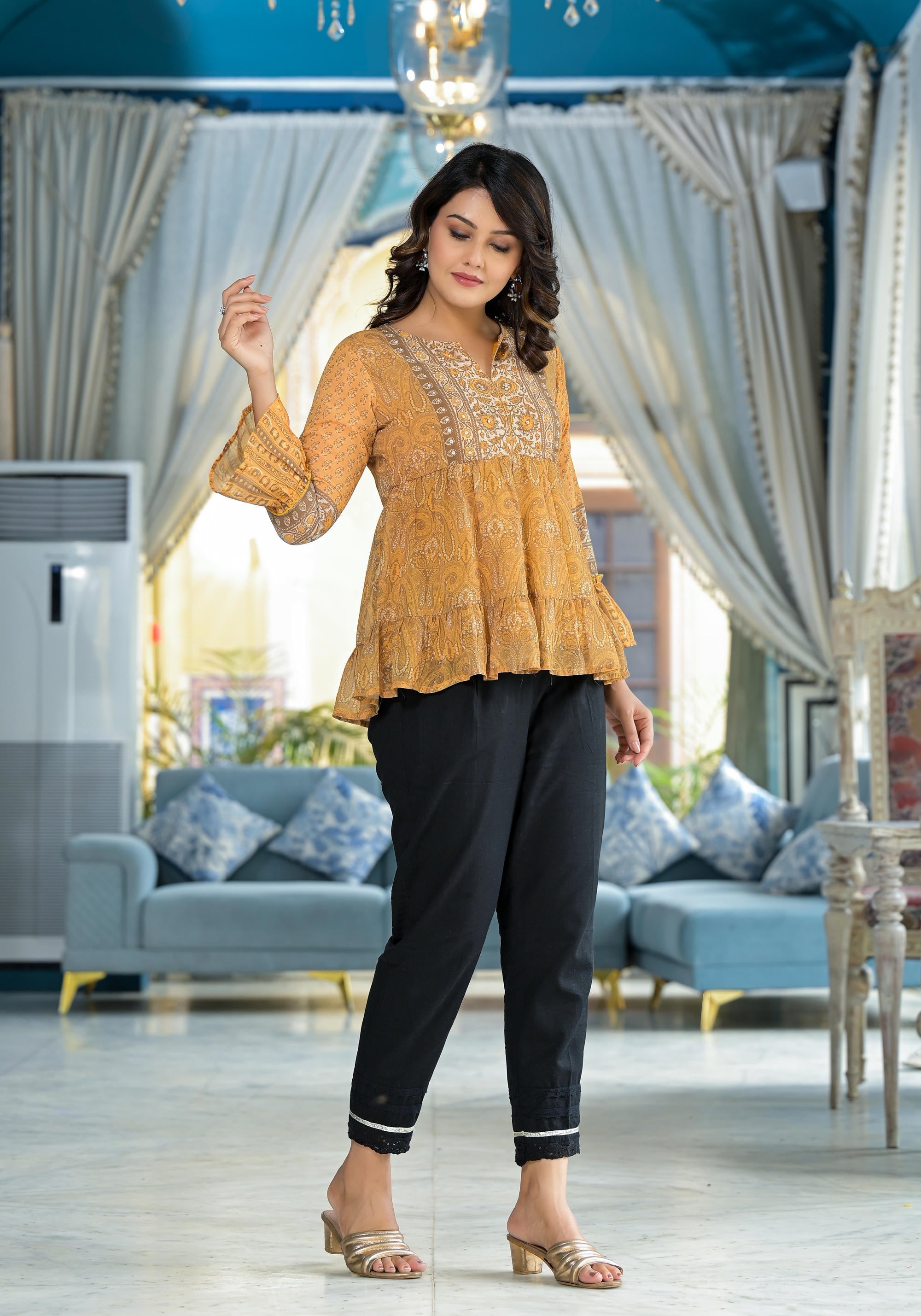 Mustard Ethnic Motif Printed Georgette Tunic With Sequins Detail | Des