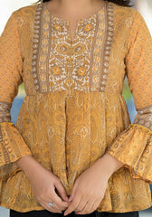 Mustard Ethnic Motif Printed Georgette Tunic With Sequins Detail