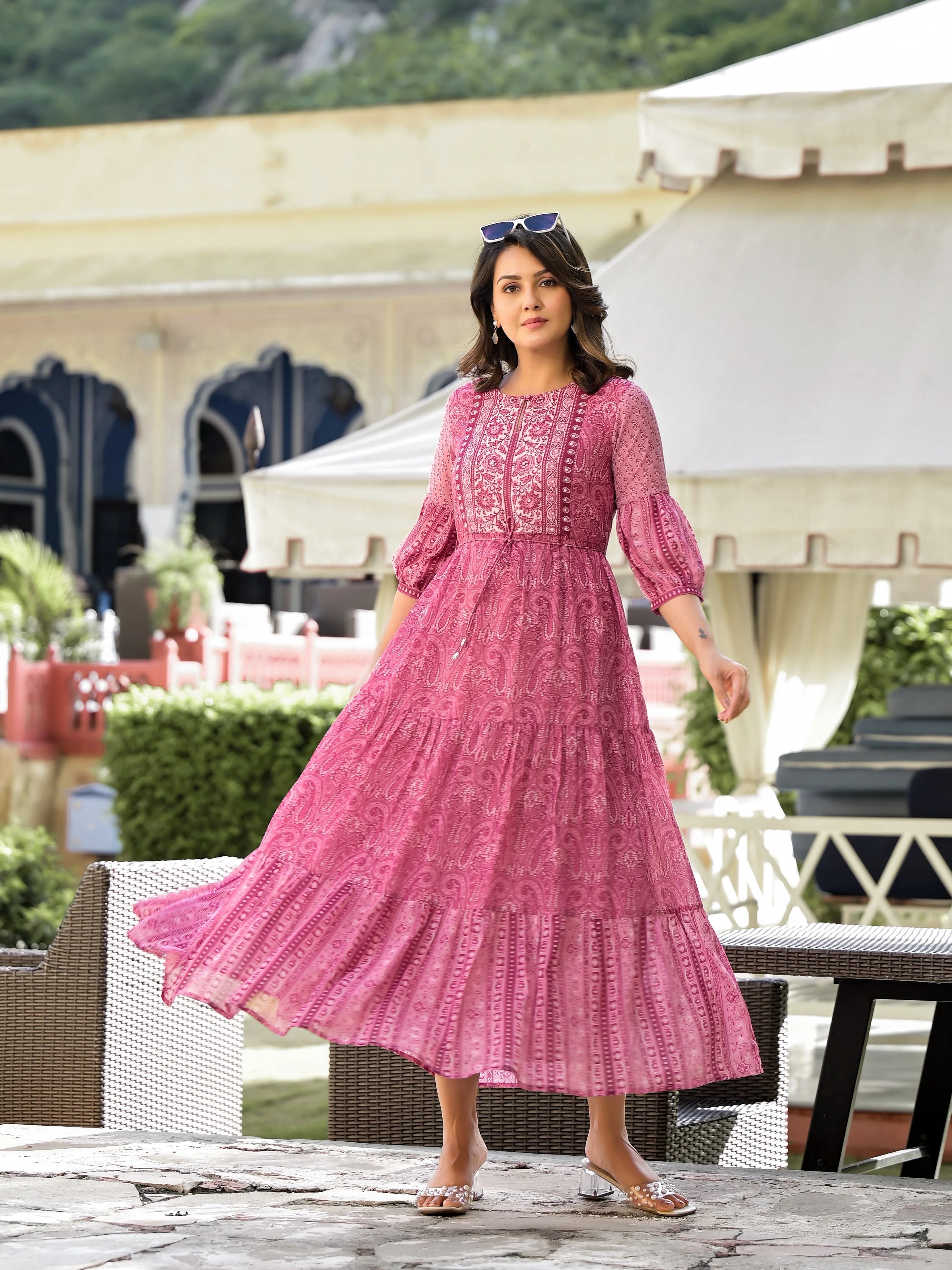 Pink Ethnic Print Maxi Dress | Indian Dresses Online