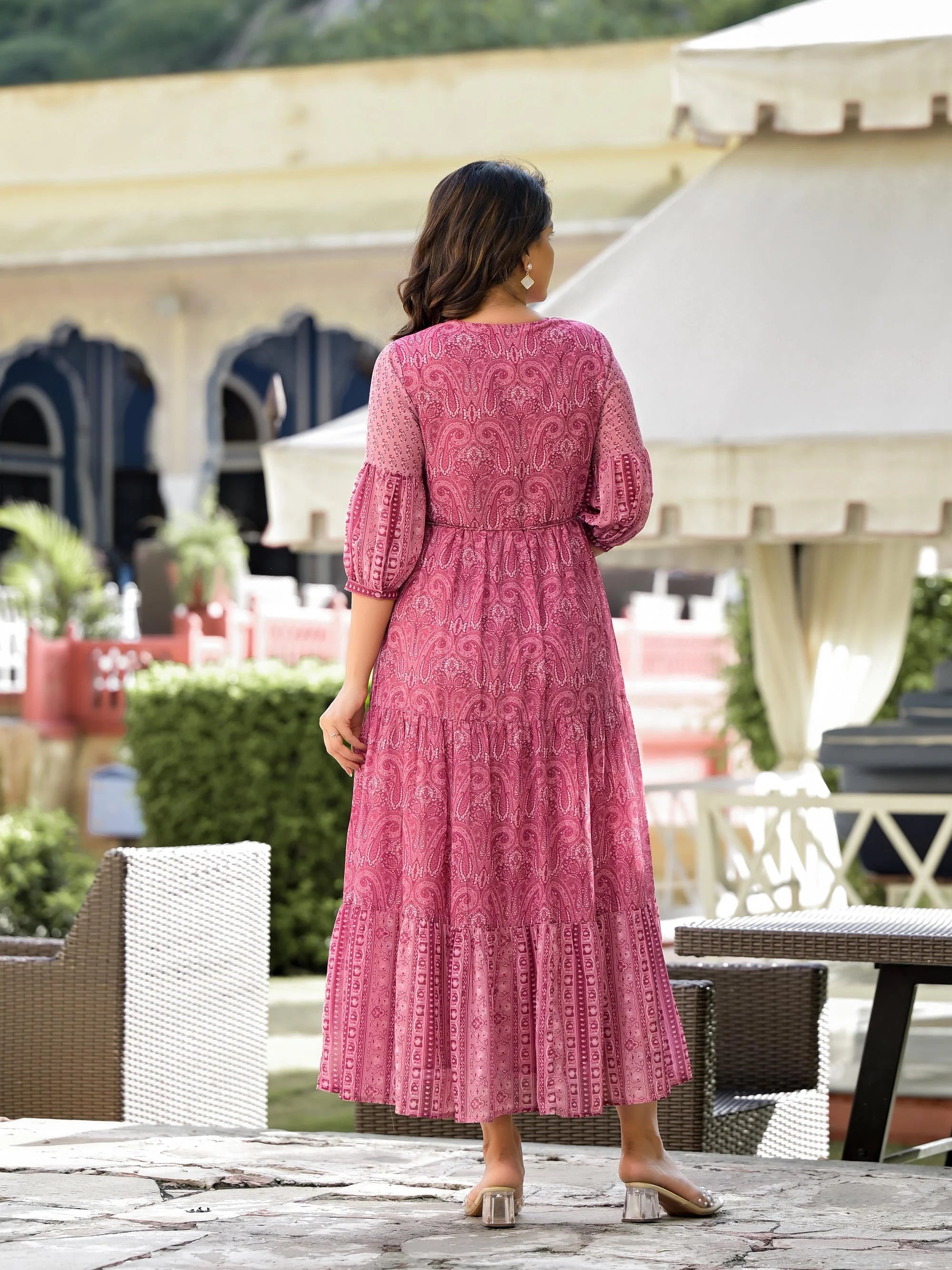 Pink Ethnic Print Maxi Dress | Indian Dresses Online