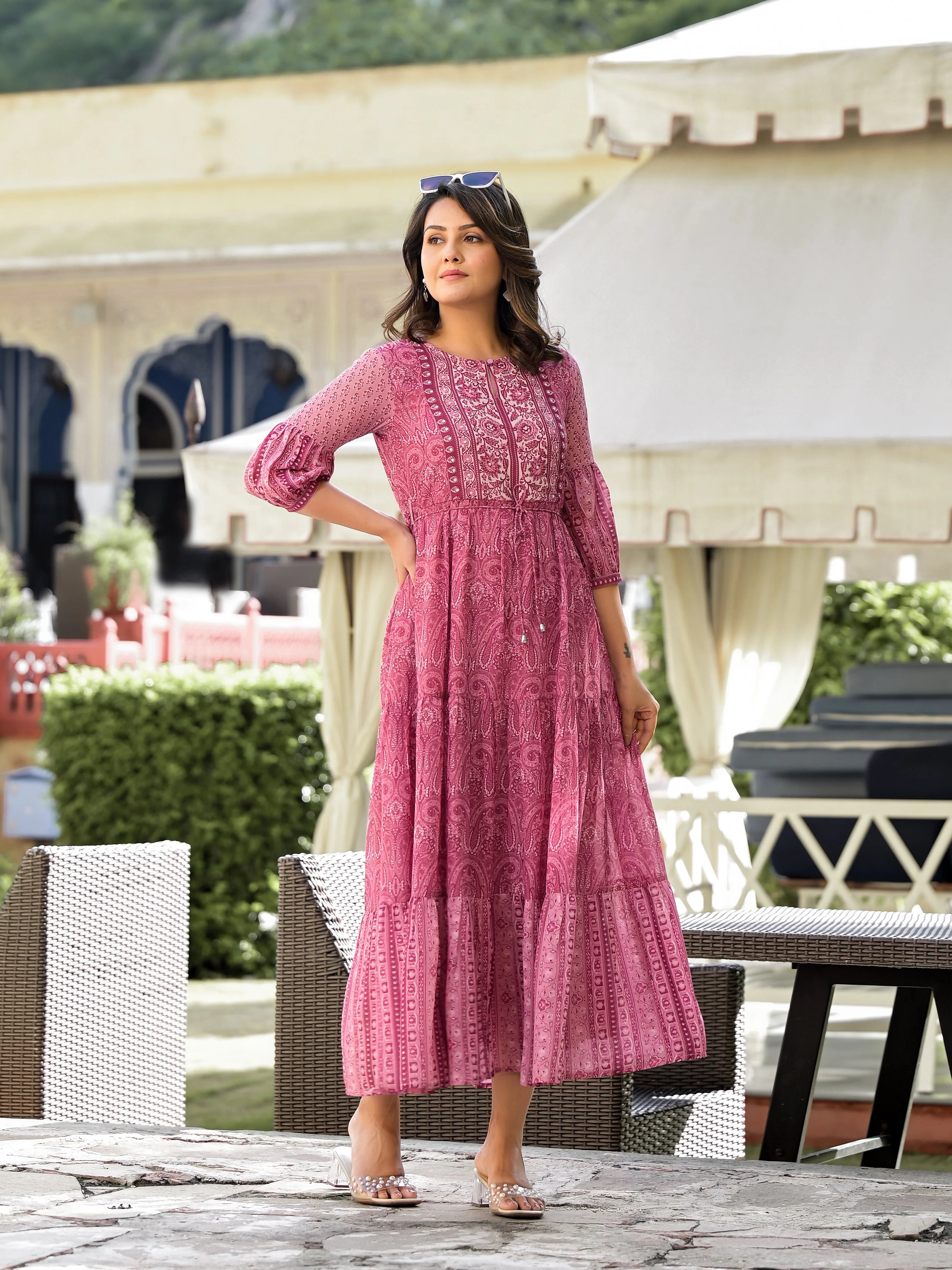 Pink Ethnic Print Maxi Dress | Indian Dresses Online