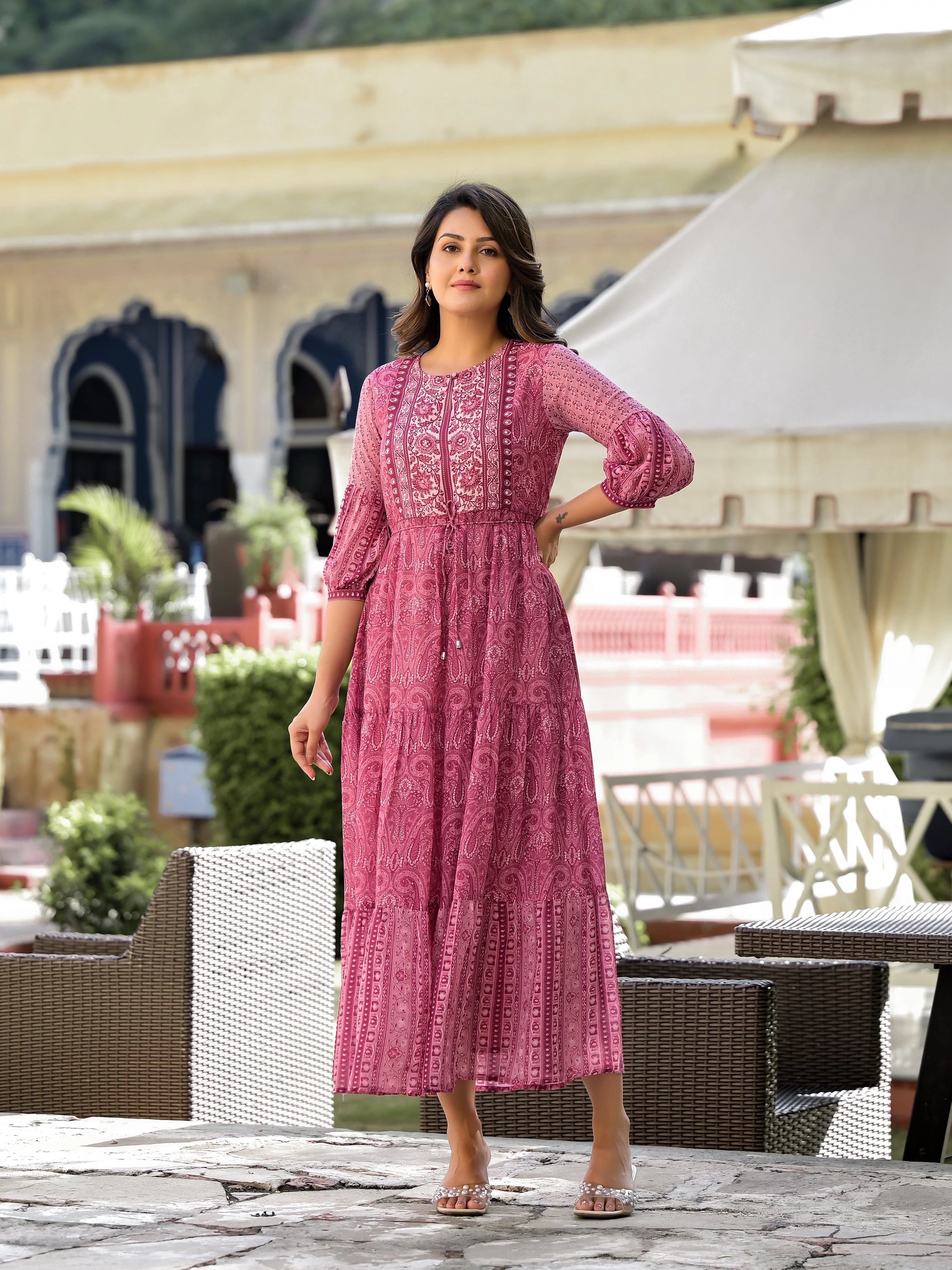 Pink Ethnic Print Maxi Dress | Indian Dresses Online