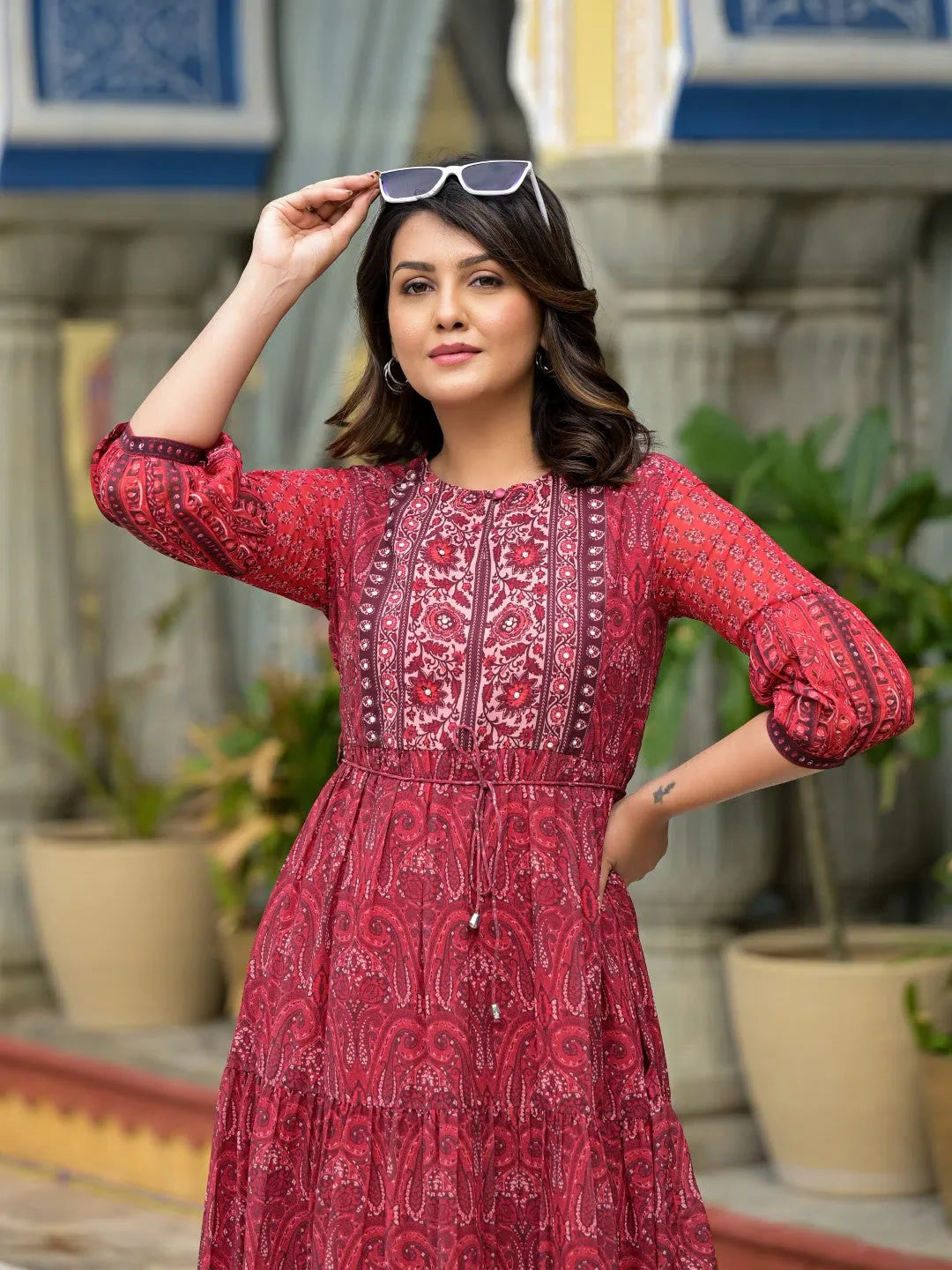 Rust Ethnic Print Georgette Maxi Dress | Indian Dresses Online