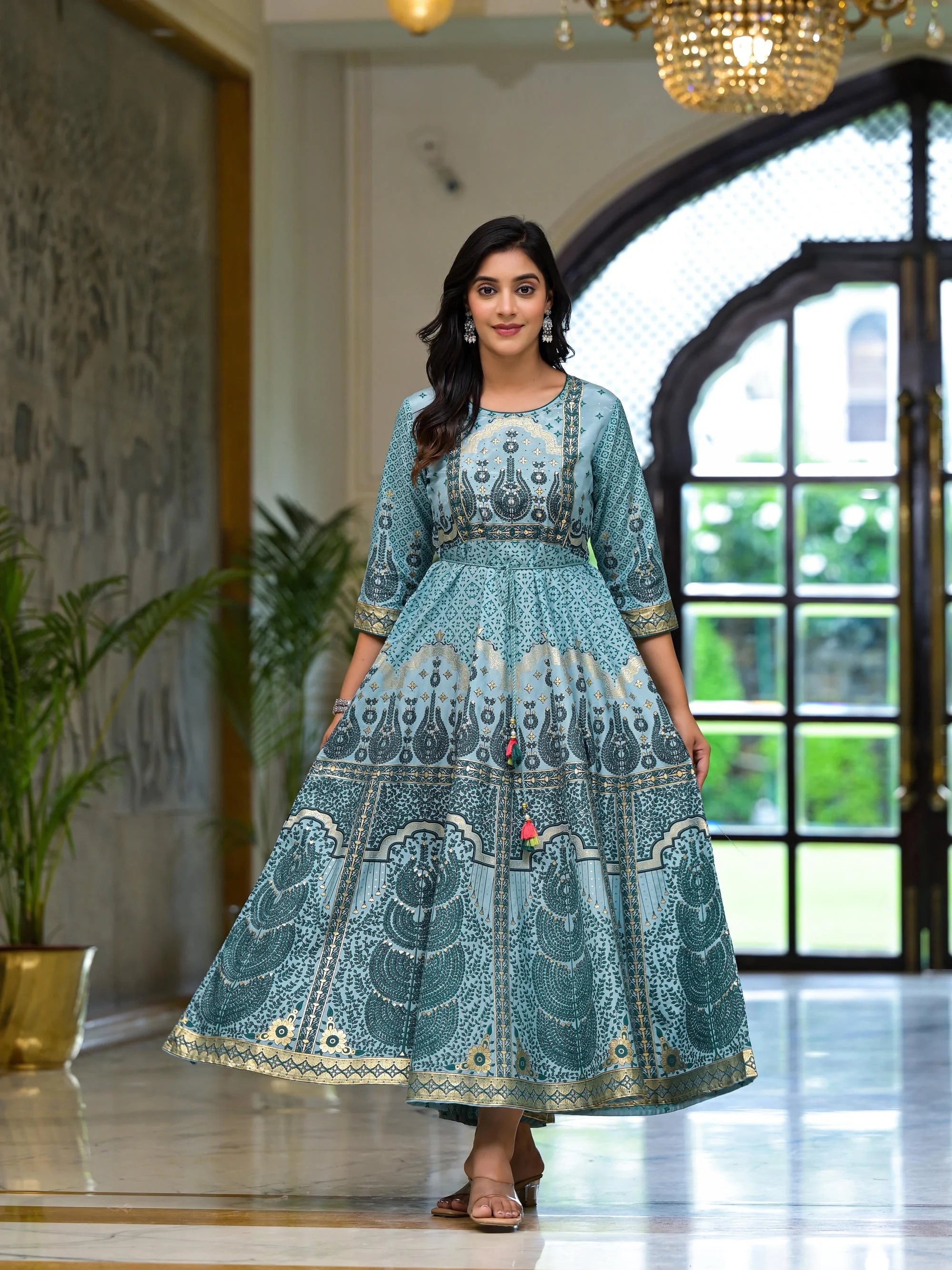 Aqua Printed Maxi Indian Cotton Dresses With Dori Online