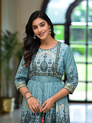 Aqua Santoon Printed Fit & Flare Maxi Dress With Beads & Dori On Waist-J4739AQUA