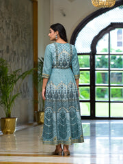 Aqua Santoon Printed Fit & Flare Maxi Dress With Beads & Dori On Waist-J4739AQUA