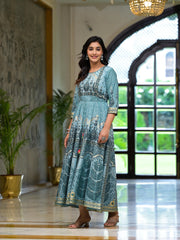 Aqua Santoon Printed Fit & Flare Maxi Dress With Beads & Dori On Waist-J4739AQUA