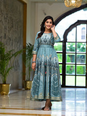 Aqua Santoon Printed Fit & Flare Maxi Dress With Beads & Dori On Waist-J4739AQUA