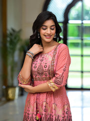 Onionpink Santoon Printed Fit & Flare Maxi Dress With Beads & Dori On Waist-J4739ONIONPINK