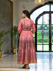 Onionpink Santoon Printed Fit & Flare Maxi Dress With Beads & Dori On Waist-J4739ONIONPINK