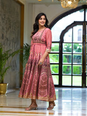 Onionpink Santoon Printed Fit & Flare Maxi Dress With Beads & Dori On Waist-J4739ONIONPINK