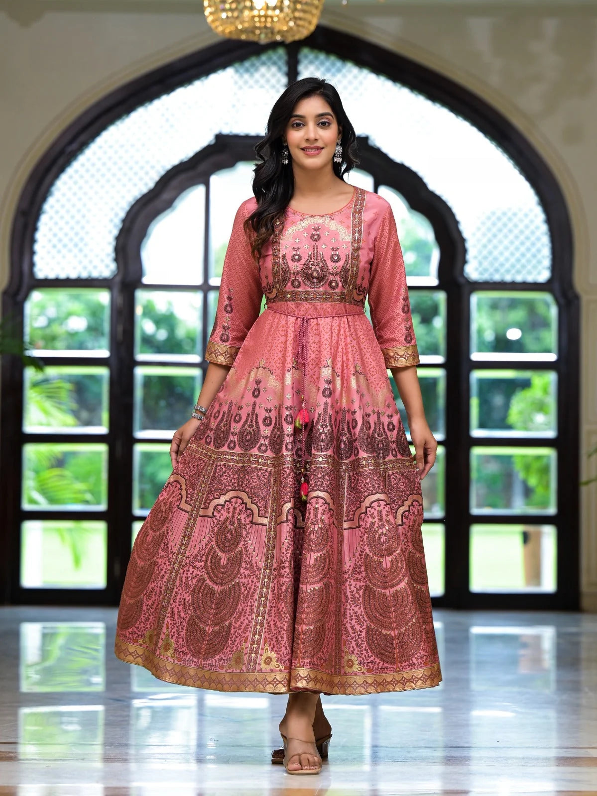 Onionpink Santoon Printed Fit & Flare Maxi Dress With Beads & Dori On Waist-J4739ONIONPINK