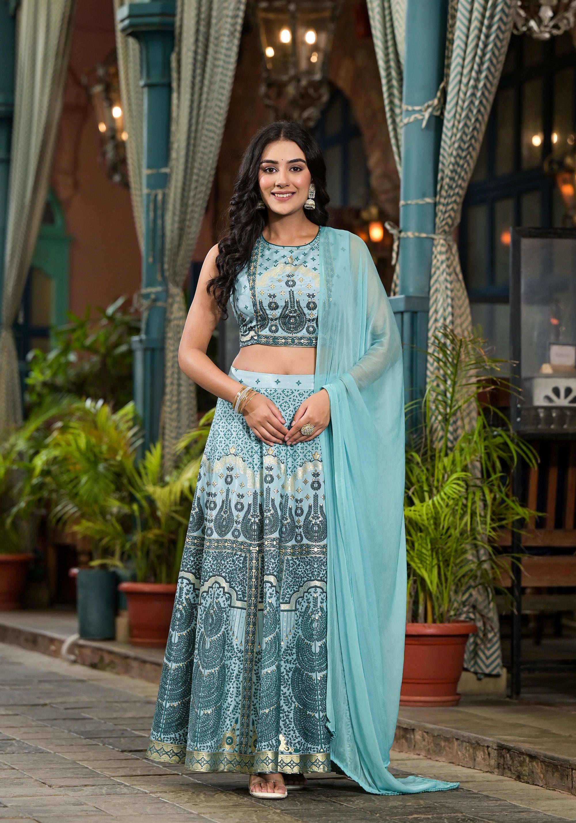 Aqua Ethnic Motif Printed Lehenga Set With Sequins & Gota Patti | Desi
