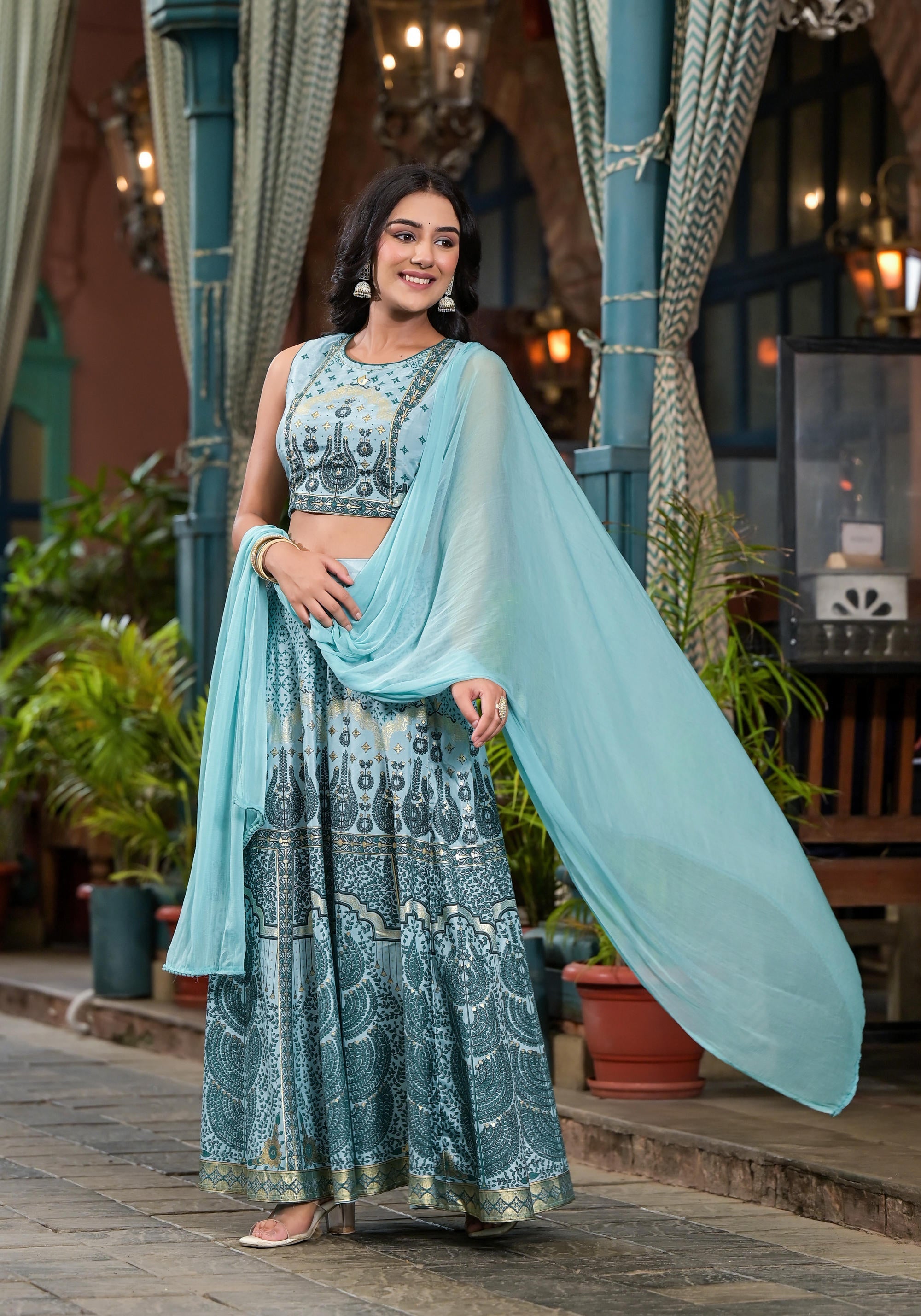 Aqua Ethnic Motif Printed Lehenga Set With Sequins & Gota Patti | Desi