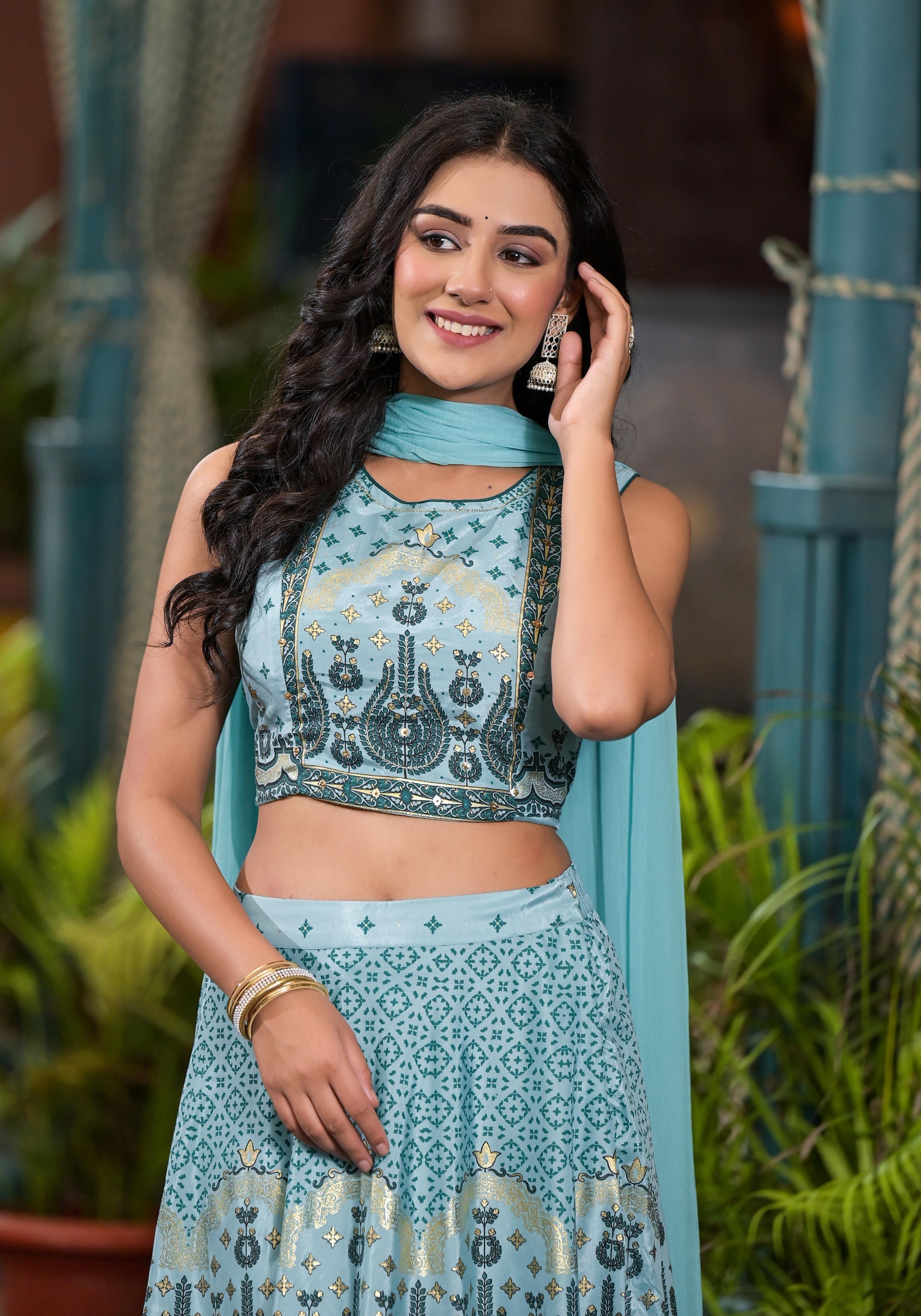 Aqua Ethnic Motif Printed Lehenga Set With Sequins & Gota Patti | Desi