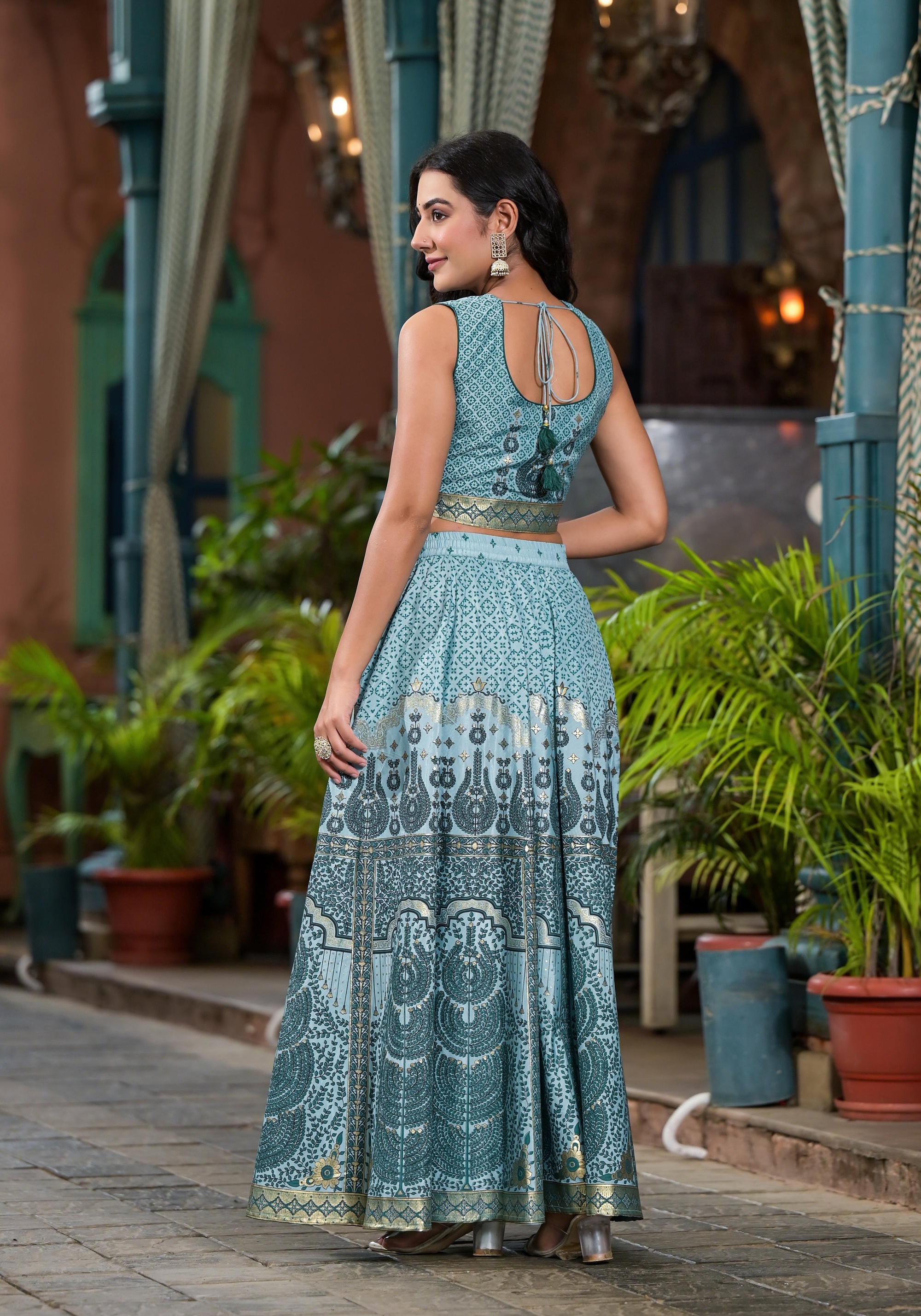 Aqua Ethnic Motif Printed Lehenga Set With Sequins & Gota Patti | Desi